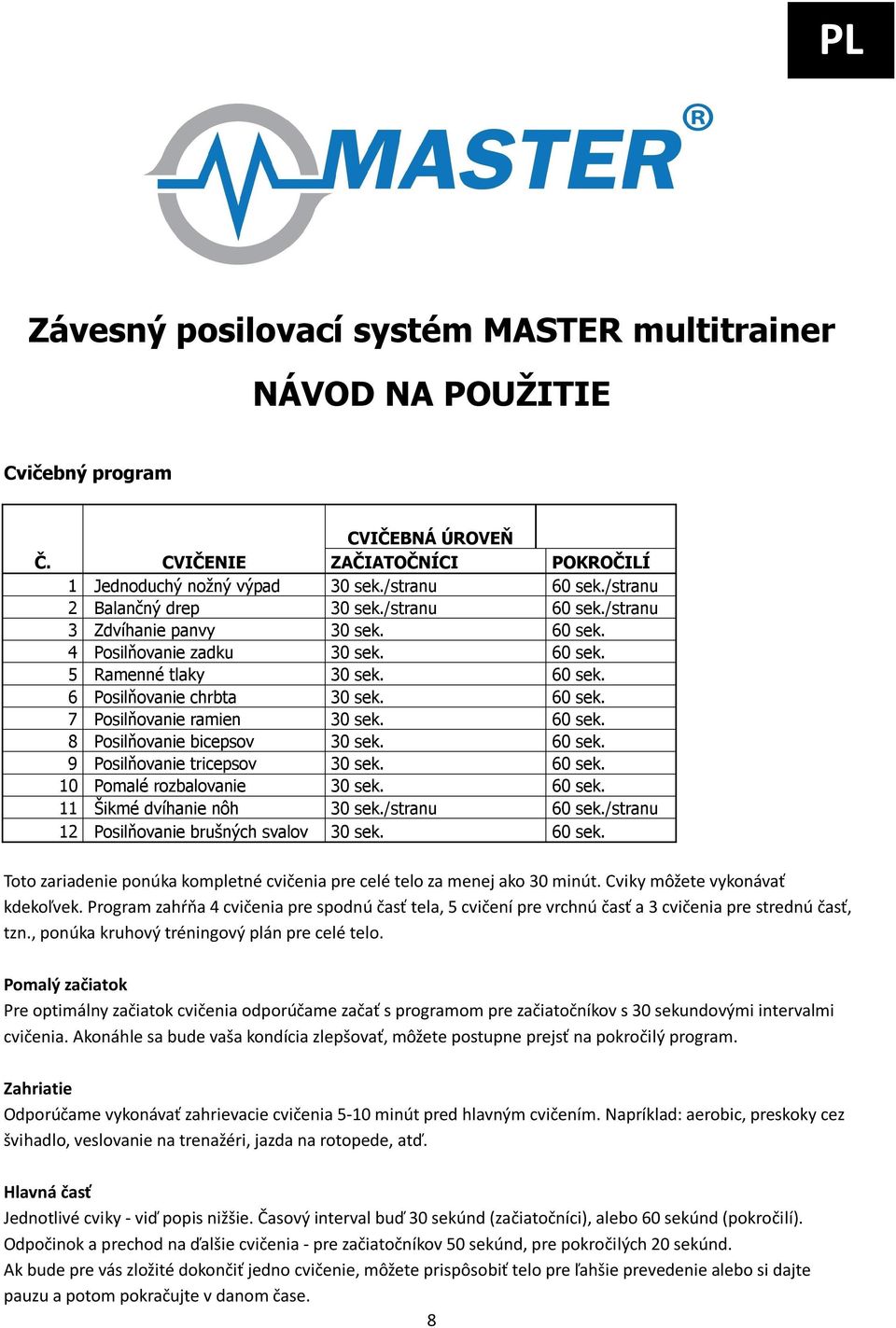 60 sek. 8 Posilňovanie bicepsov 30 sek. 60 sek. 9 Posilňovanie tricepsov 30 sek. 60 sek. 10 Pomalé rozbalovanie 30 sek. 60 sek. 11 Šikmé dvíhanie nôh 30 sek./stranu 60 sek.