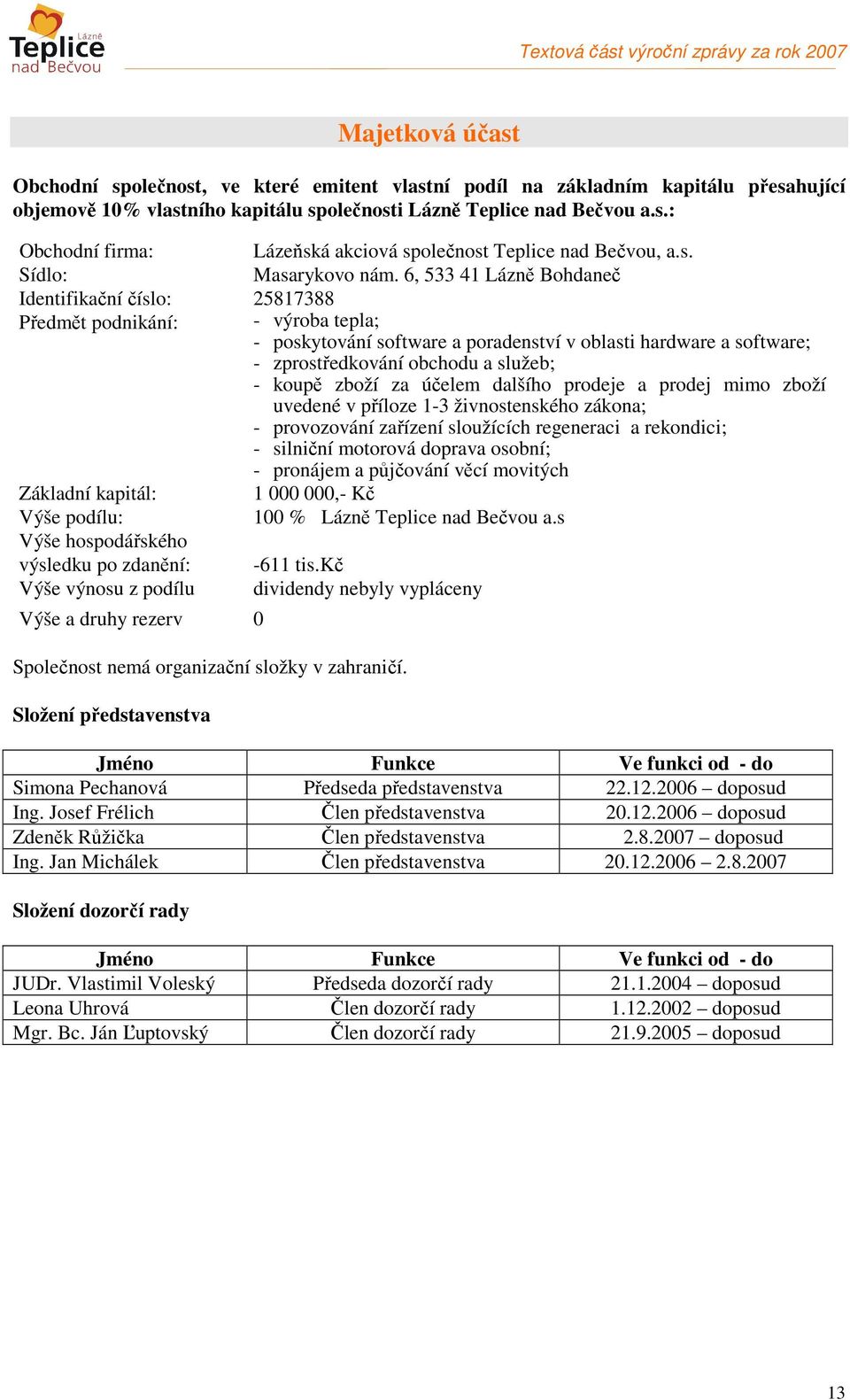 6, 533 41 Lázně Bohdaneč Identifikační číslo: 25817388 Předmět podnikání: - výroba tepla; - poskytování software a poradenství v oblasti hardware a software; - zprostředkování obchodu a služeb; -