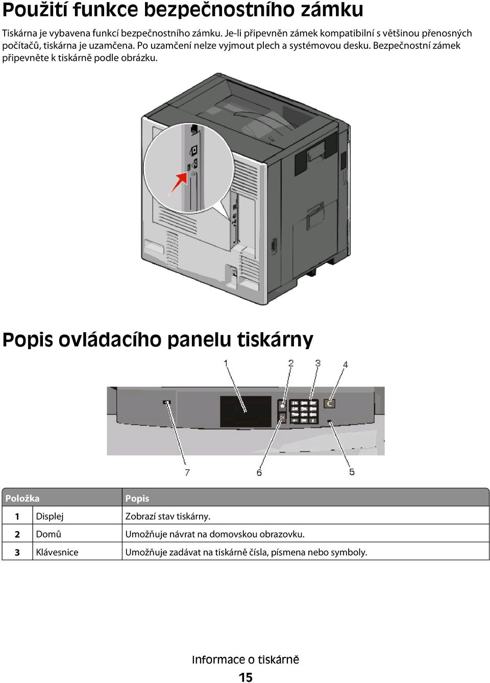 Po uzamčení nelze vyjmout plech a systémovou desku. Bezpečnostní zámek připevněte k tiskárně podle obrázku.