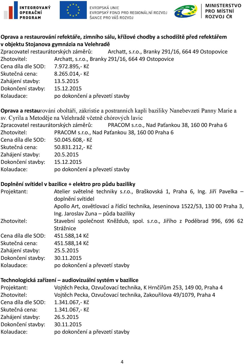 2015 Oprava a restaurování oboltáří, zákristie a postranních kaplí baziliky Nanebevzetí Panny Marie a sv.