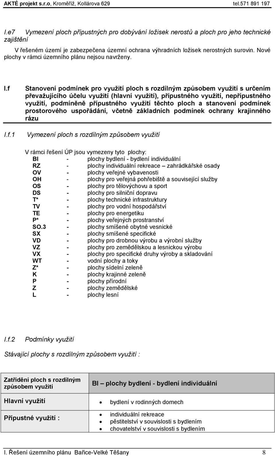 I.f.1 Stanovení podmínek pro využití ploch s rozdílným s určením převažujícího účelu využití (hlavní využití), přípustného využití, nepřípustného využití, podmíněně přípustného využití těchto ploch a