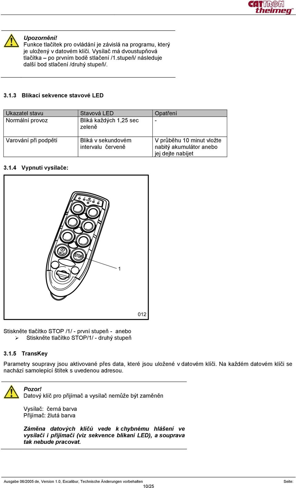 3 Blikací sekvence stavové LED Ukazatel stavu Stavová LED Opatření Normální provoz Bliká každých 1,