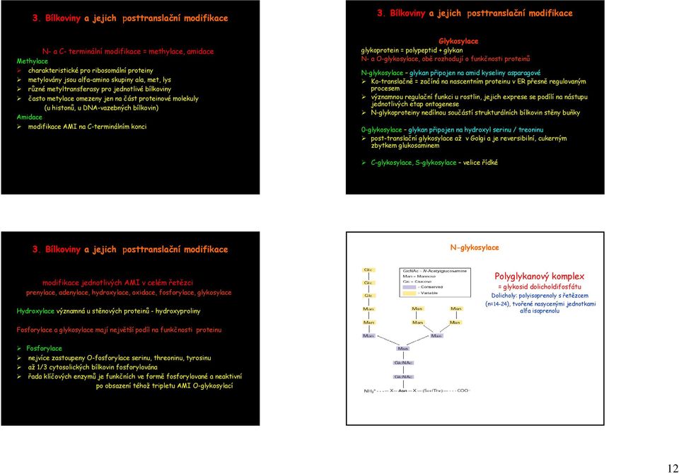 různé metyltransferasy pro jednotlivé bílkoviny často metylace omezeny jen na část proteinové molekuly (u histonů, u DNA-vazebných bílkovin) Amidace modifikace AMI na C-terminálním konci Glykosylace