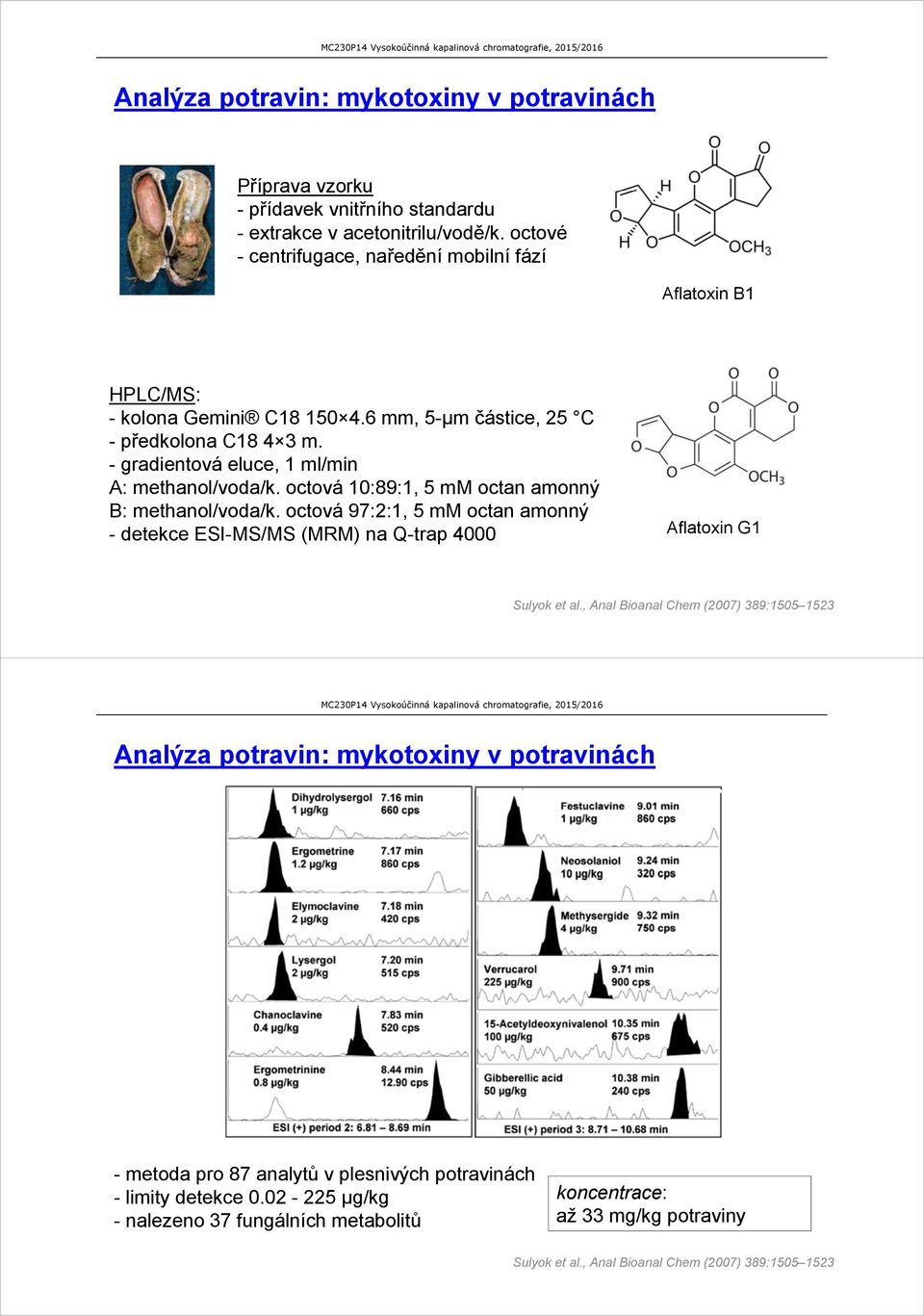 octová 10:89:1, 5 mm octan amonný B: methanol/voda/k. octová 97:2:1, 5 mm octan amonný - detekce ESI-MS/MS (MRM) na Q-trap 4000 Aflatoxin G1 Sulyok et al.