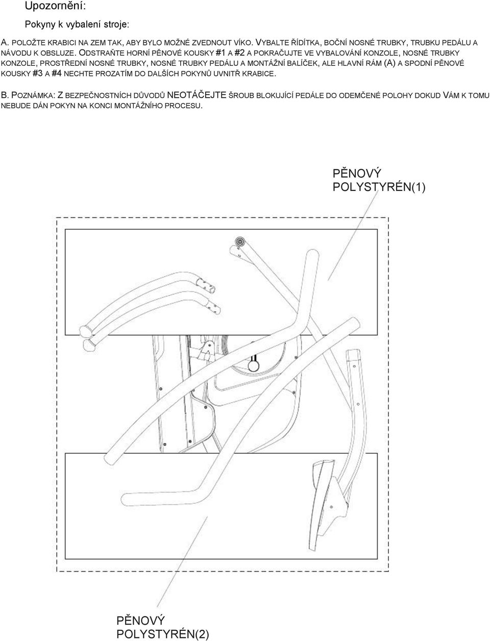 ODSTRAŇTE HORNÍ PĚNOVÉ KOUSKY #1 A #2 A POKRAČUJTE VE VYBALOVÁNÍ KONZOLE, NOSNÉ TRUBKY KONZOLE, PROSTŘEDNÍ NOSNÉ TRUBKY, NOSNÉ TRUBKY PEDÁLU A MONTÁŽNÍ