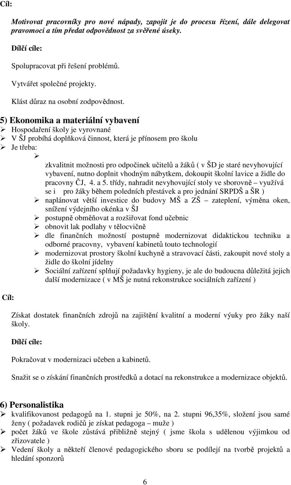 5) Ekonomika a materiální vybavení Hospodaření školy je vyrovnané V ŠJ probíhá doplňková činnost, která je přínosem pro školu Je třeba: zkvalitnit možnosti pro odpočinek učitelů a žáků ( v ŠD je