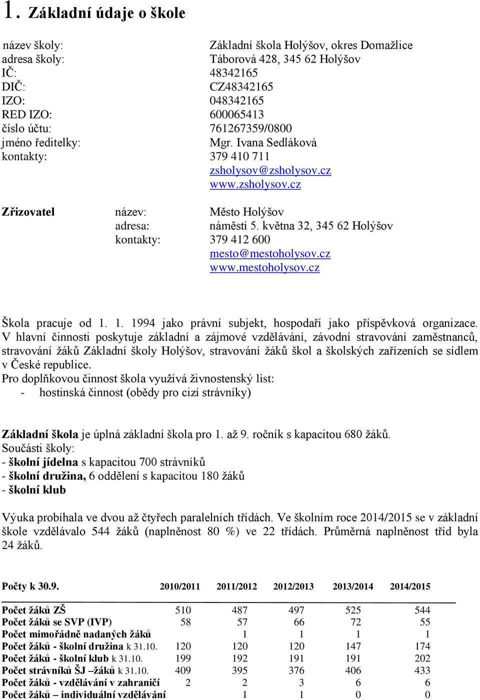 května 32, 345 62 Holýšov kontakty: 379 412 600 mesto@mestoholysov.cz www.mestoholysov.cz Škola pracuje od 1. 1. 1994 jako právní subjekt, hospodaří jako příspěvková organizace.