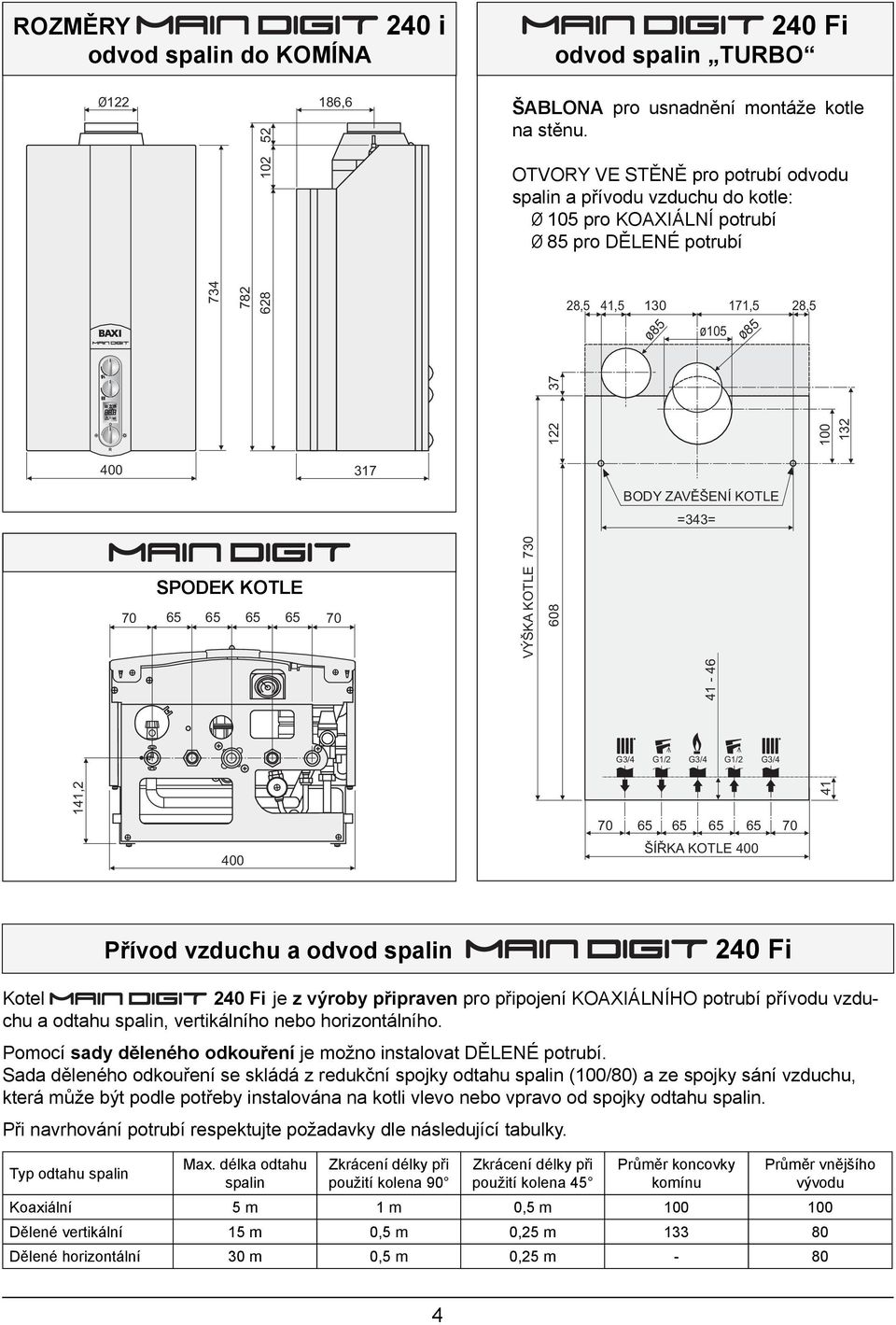 65 65 65 70 VÝŠKA KTLE 730 608 122 BDY ZAVÌŠENÍ KTLE =343= 100 132 41-46 G3/4 G1/2 G3/4 G1/2 G3/4 141,2 70 65 65 65 65 70 41 400 ŠÍØKA KTLE 400 Přívod vzduchu a odvod spalin 240 Fi Kotel 240 Fi je z