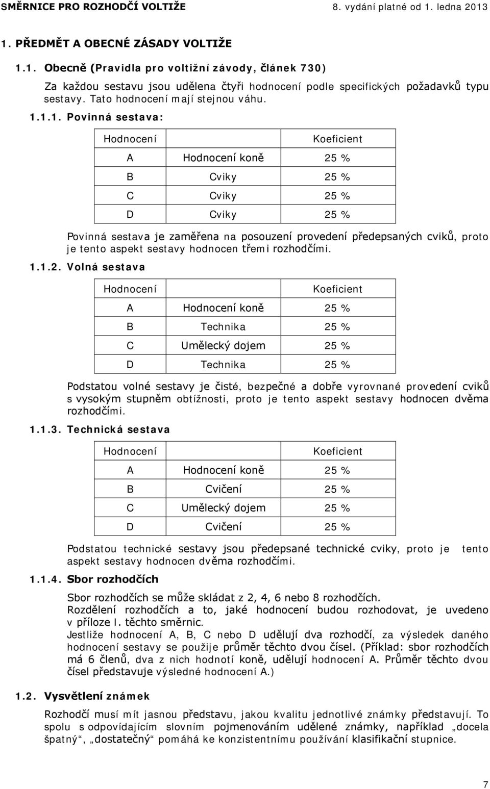 1.1. Povinná sestava: Hodnocení Koeficient A Hodnocení koně 25 % B Cviky 25 % C Cviky 25 % D Cviky 25 % Povinná sestava je zaměřena na posouzení provedení předepsaných cviků, proto je tento aspekt