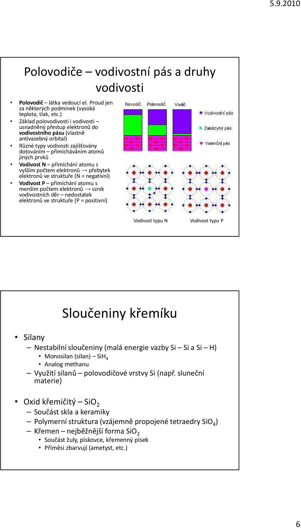 N přimíchání atomu s vyšším počtem elektronů přebytek elektronů ve struktuře (N = negativní) Vodivost P přimíchání atomu s menším počtem elektronů vznik vodivostních děr nedostatek elektronů ve