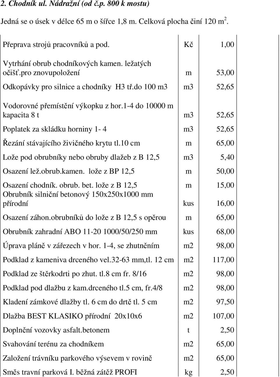 10 cm m 65,00 Lože pod obrubníky nebo obruby dlažeb z B 12,5 m3 5,40 Osazení lež.obrub.kamen. lože z BP 12,5 m 50,00 Osazení chodník. obrub. bet.