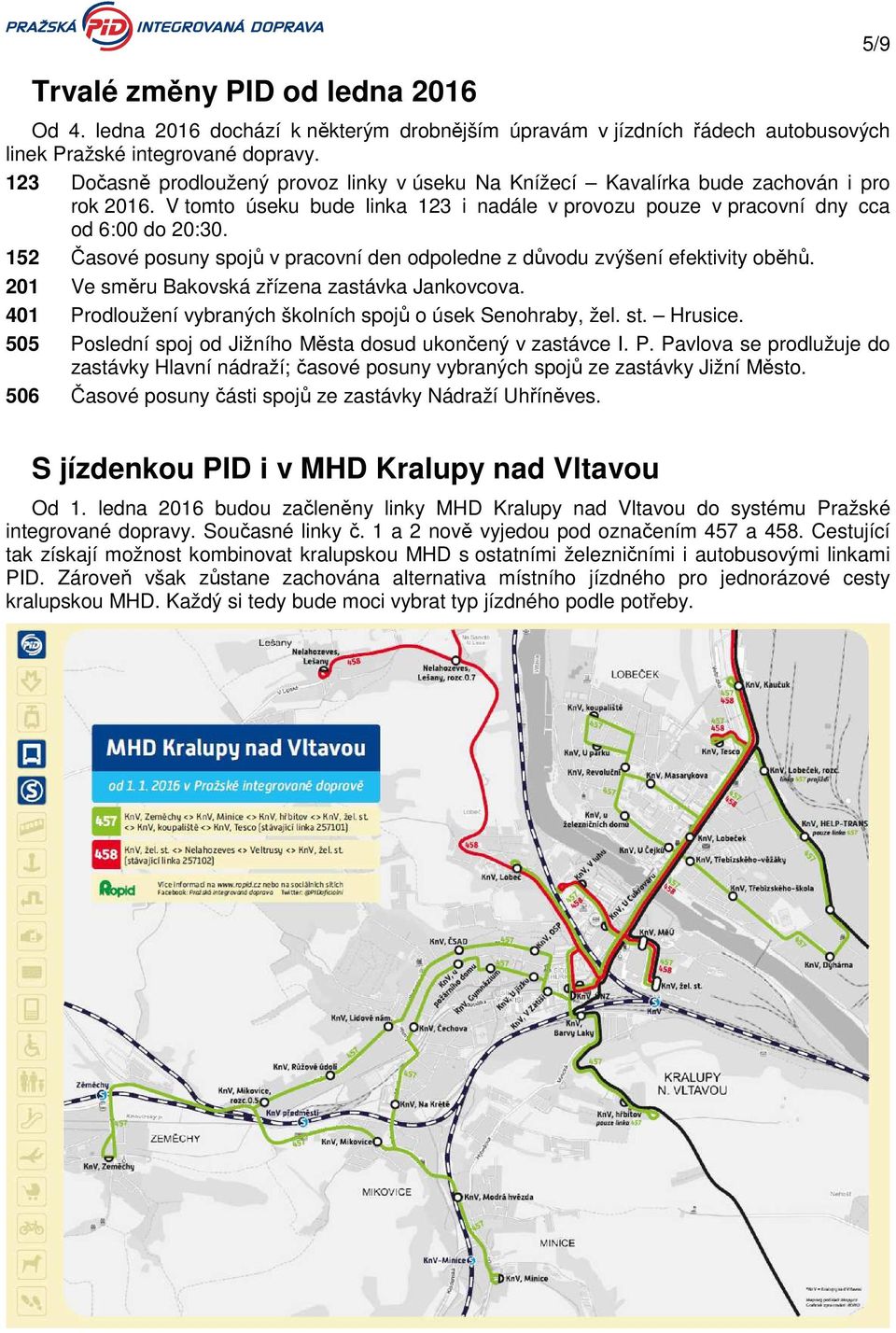 152 Časové posuny spojů v pracovní den odpoledne z důvodu zvýšení efektivity oběhů. 201 Ve směru Bakovská zřízena zastávka Jankovcova. 401 Prodloužení vybraných školních spojů o úsek Senohraby, žel.