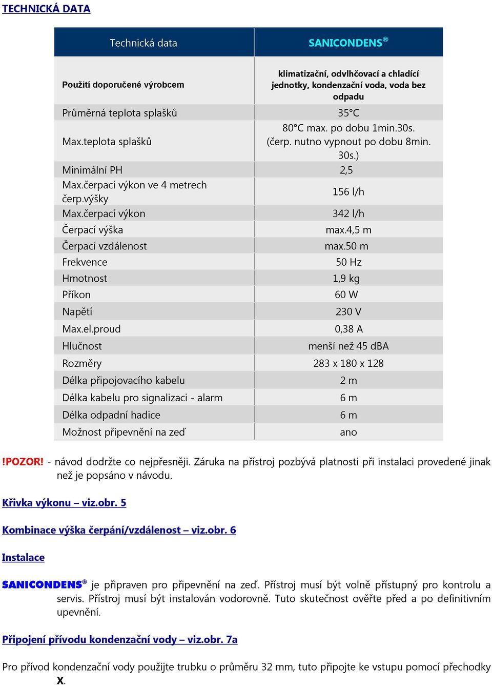 čerpací výkon Čerpací výška Čerpací vzdálenost Frekvence Hmotnost Příkon Napětí Max.el.proud Hlučnost 156 l/h 342 l/h max.4,5 m max.