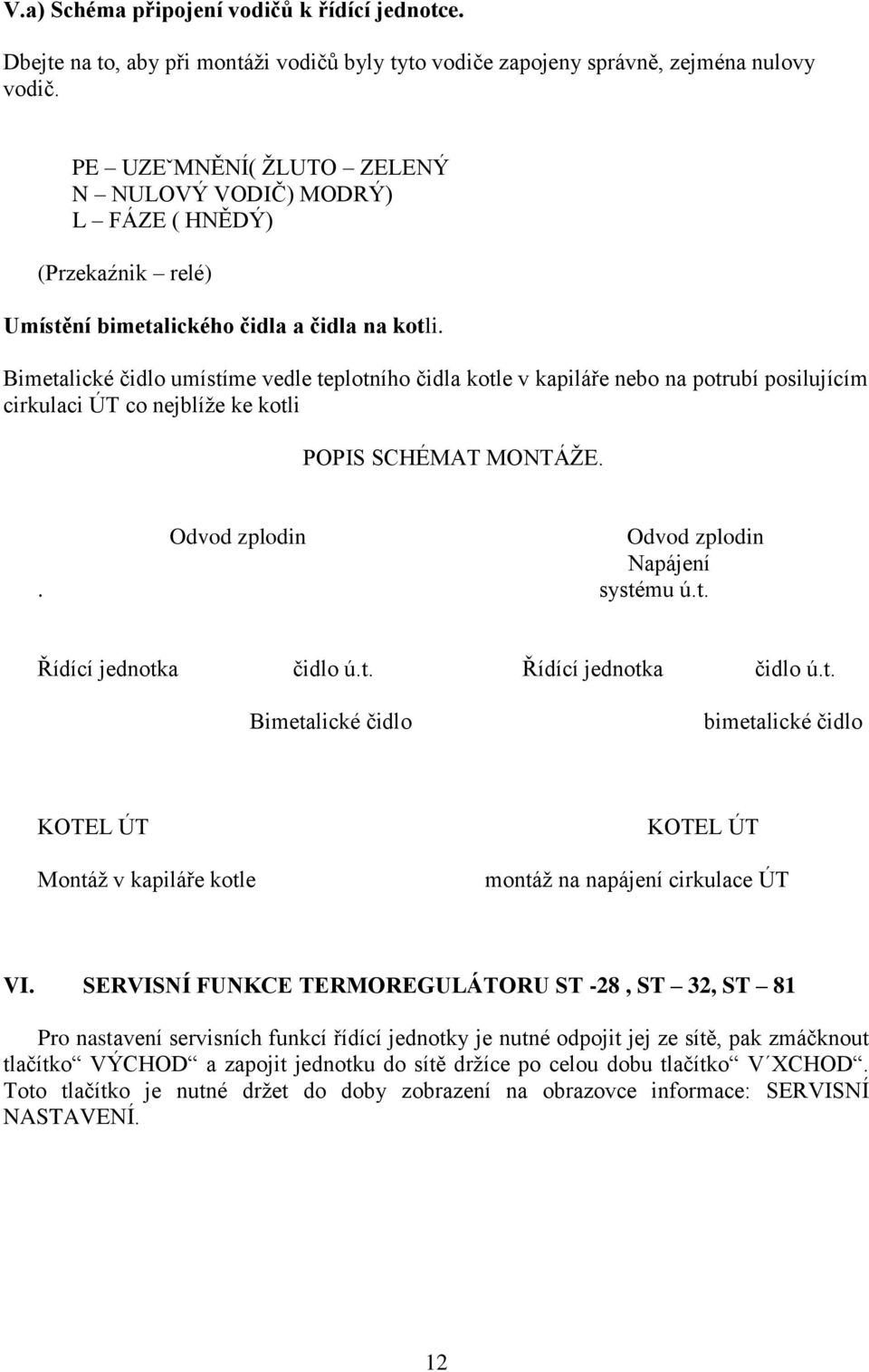 Bimetalické čidlo umístíme vedle teplotního čidla kotle v kapiláře nebo na potrubí posilujícím cirkulaci ÚT co nejblíže ke kotli POPIS SCHÉMAT MONTÁŽE. Odvod zplodin Odvod zplodin Napájení. systému ú.