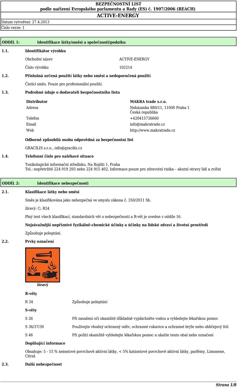 r.o. Adresa Nekázanka 880/11, 11000 Praha 1 Česká republika Telefon +420415726660 Email Web Odborně způsobilá osoba odpovědná za bezpečnostní list GRACILIS s.r.o., info@gracilis.cz 1.4. Telefonní číslo pro naléhavé situace info@makratrade.