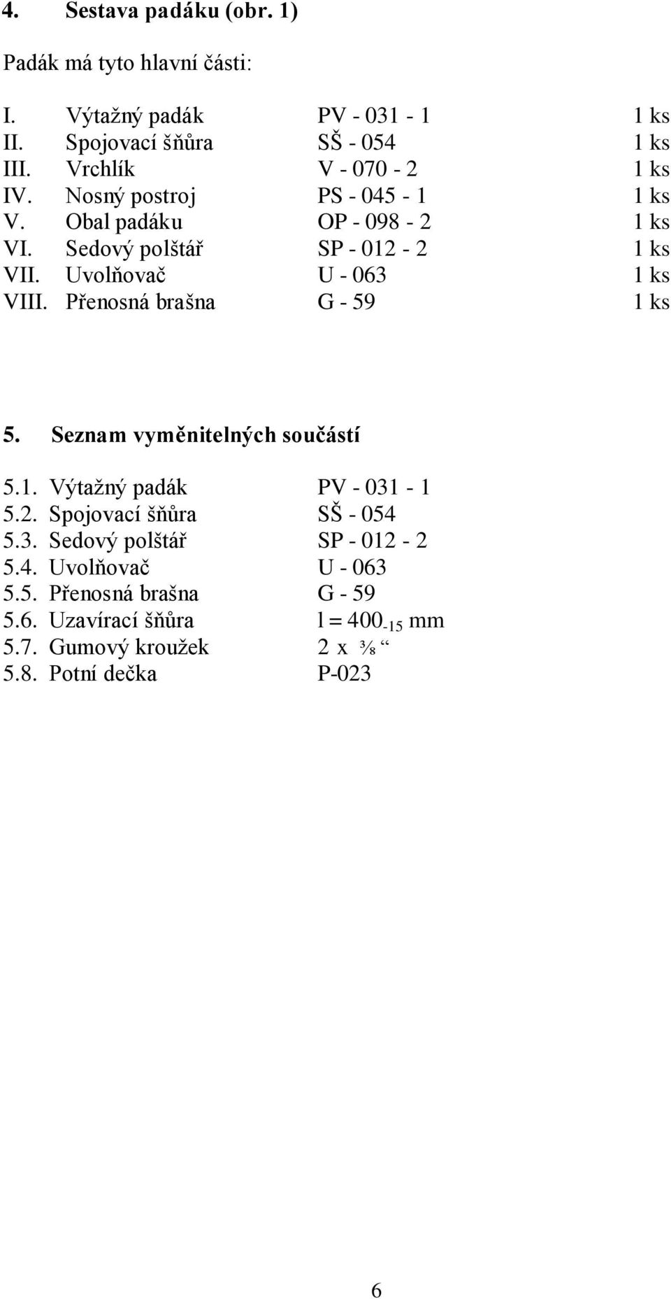 Uvolňovač U - 063 1 ks VIII. Přenosná brašna G - 59 1 ks 5. Seznam vyměnitelných součástí 5.1. Výtažný padák PV - 031-1 5.2.