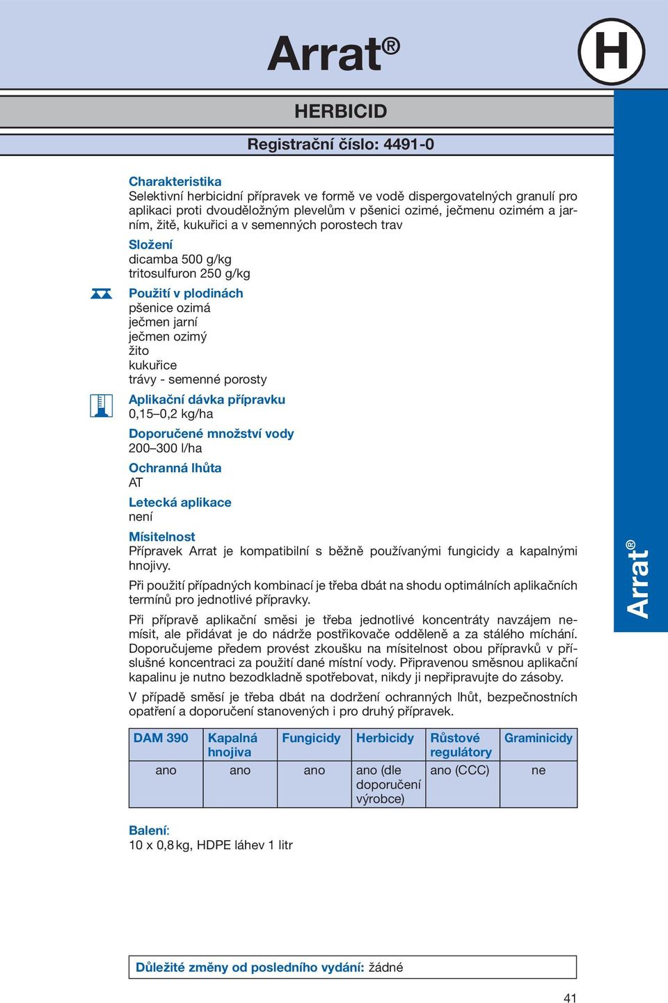 porosty Aplikační dávka přípravku 0,15 0,2 kg/ha Doporučené množství vody 200 300 l/ha Ochranná lhůta AT Letecká aplikace není Mísitelnost Přípravek Arrat je kompatibilní s běžně používanými