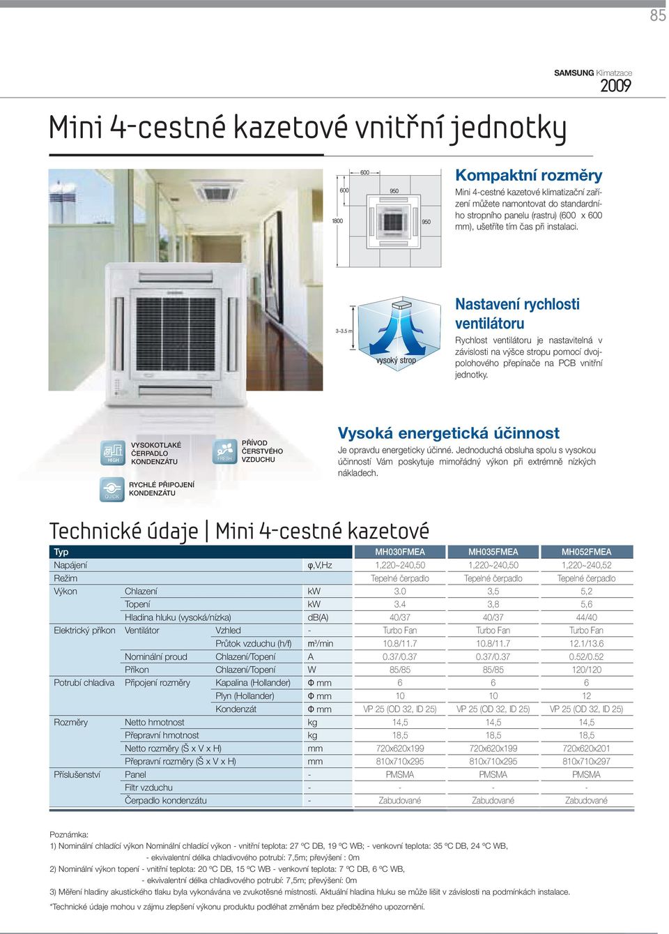 5 m vysoký strop Nastavení rychlosti ventilátoru Rychlost ventilátoru je nastavitelná v závislosti na výšce stropu pomocí dvojpolohového přepínače na PCB vnitřní jednotky.