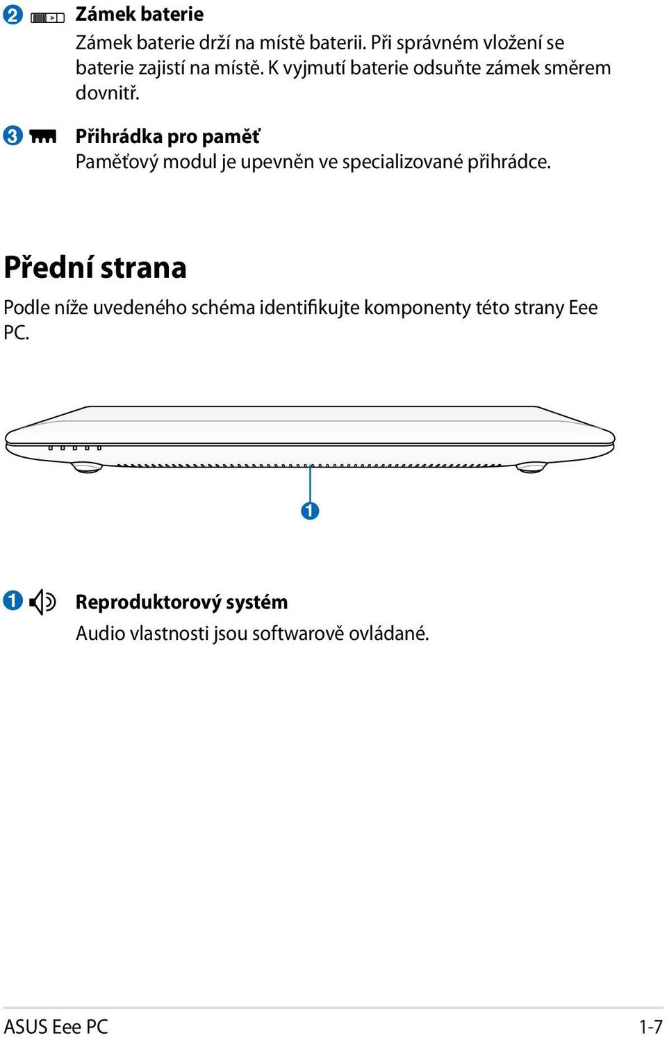 Přihrádka pro paměť Paměťový modul je upevněn ve specializované přihrádce.