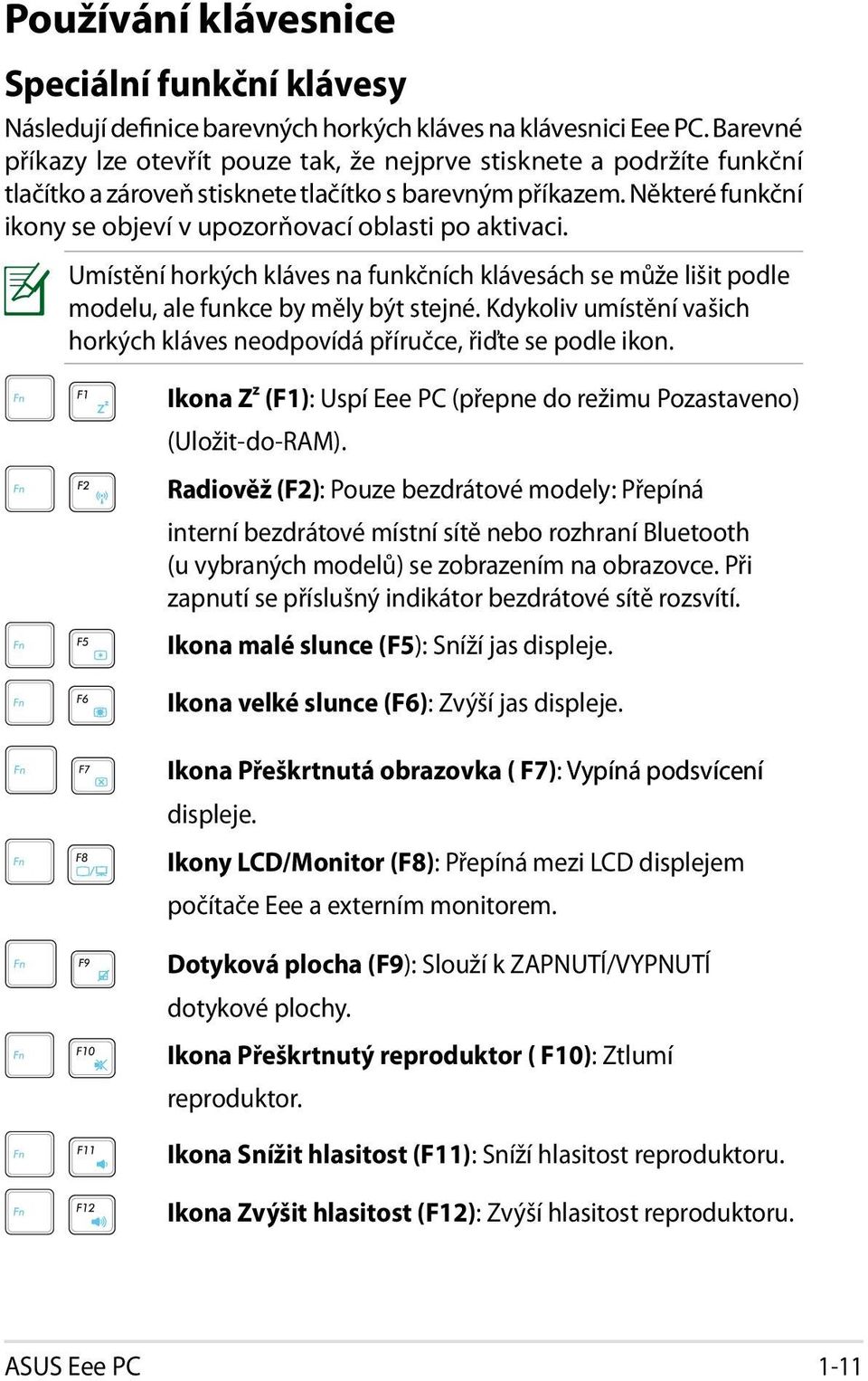 Některé funkční ikony se objeví v upozorňovací oblasti po aktivaci. Umístění horkých kláves na funkčních klávesách se může lišit podle modelu, ale funkce by měly být stejné.