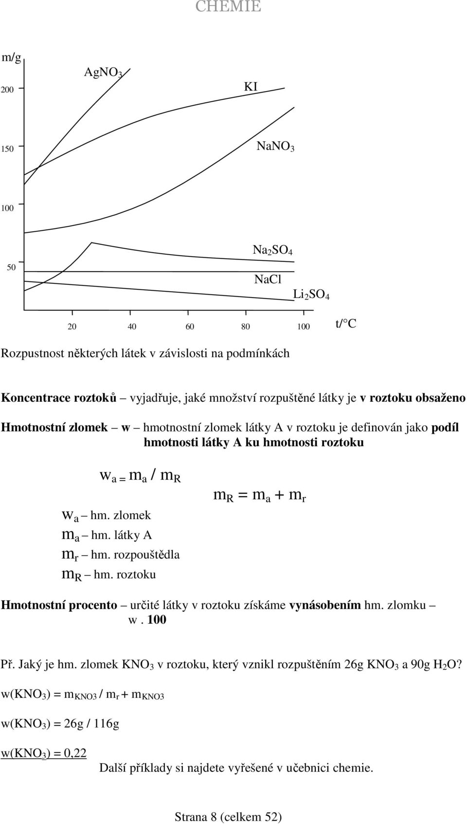 zlomek m a hm. látky A m r hm. rozpouštědla m R hm. roztoku m R = m a + m r Hmotnostní procento určité látky v roztoku získáme vynásobením hm. zlomku w. 100 Př. Jaký je hm.