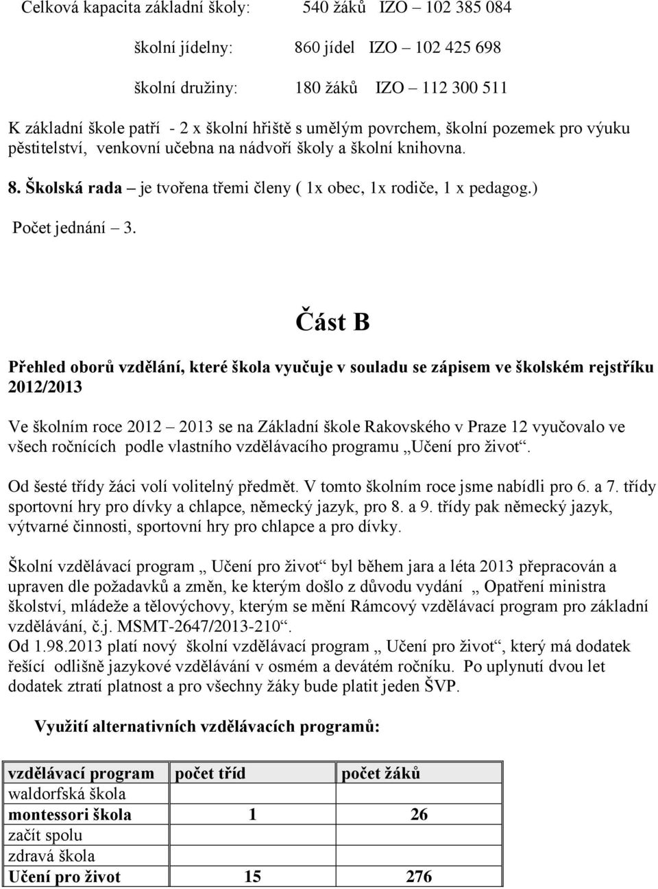 Část B Přehled oborů vzdělání, které škola vyučuje v souladu se zápisem ve školském rejstříku 2012/2013 Ve školním roce 2012 2013 se na Základní škole Rakovského v Praze 12 vyučovalo ve všech