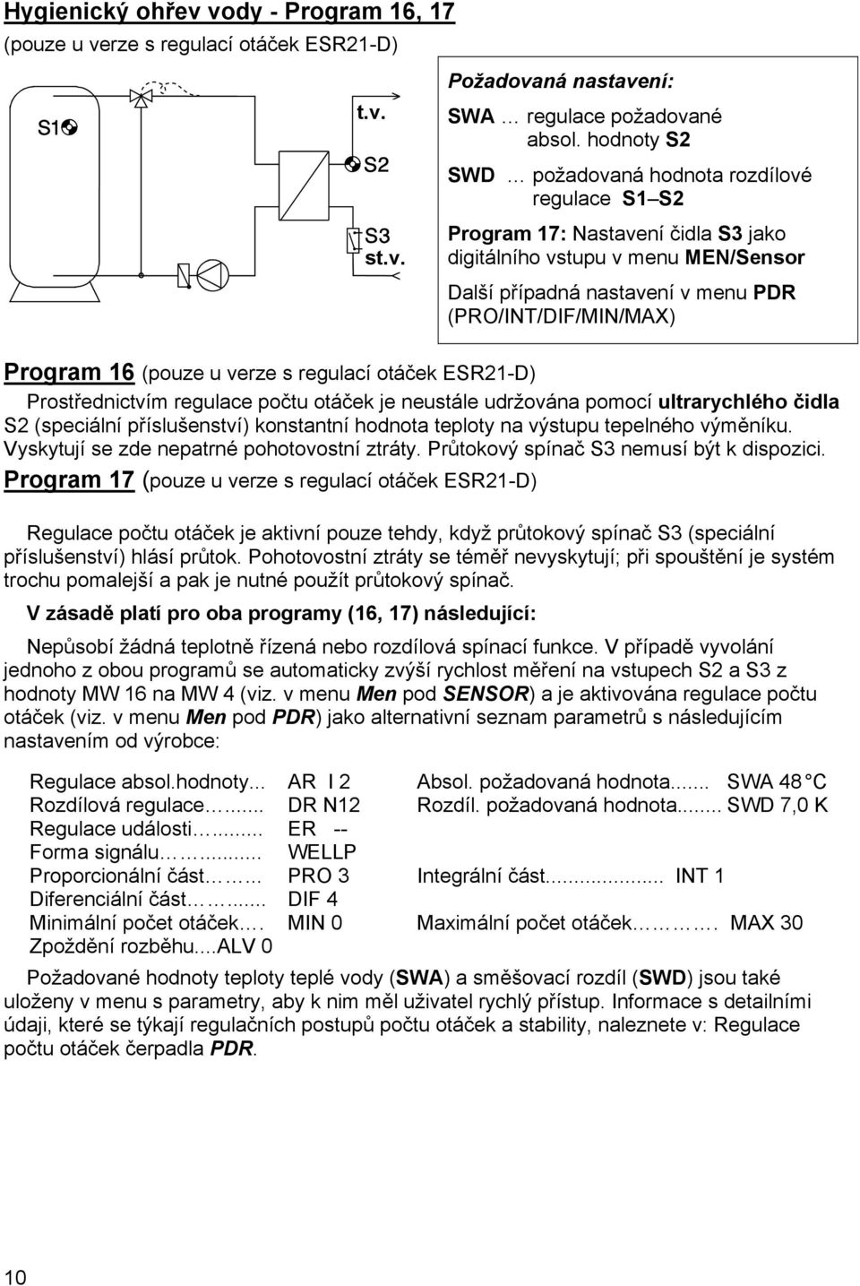 16 (pouze u verze s regulací otáček ESR21-D) Prostřednictvím regulace počtu otáček je neustále udržována pomocí ultrarychlého čidla S2 (speciální příslušenství) konstantní hodnota teploty na výstupu