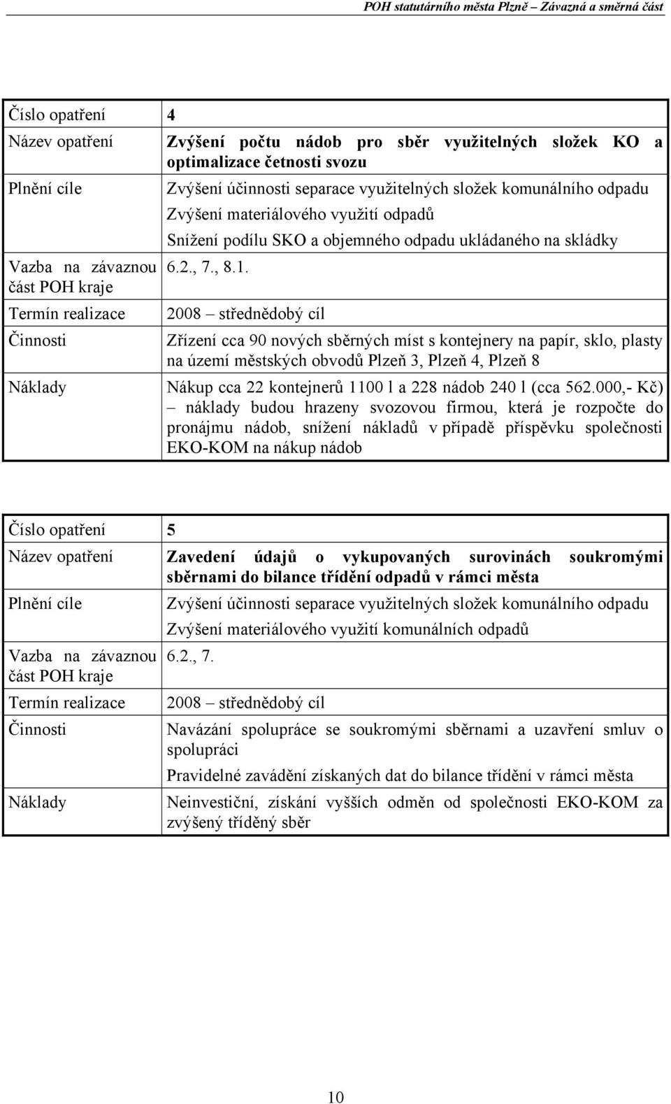 2008 střednědobý cíl Zřízení cca 90 nových sběrných míst s kontejnery na papír, sklo, plasty na území městských obvodů Plzeň 3, Plzeň 4, Plzeň 8 Nákup cca 22 kontejnerů 1100 l a 228 nádob 240 l (cca