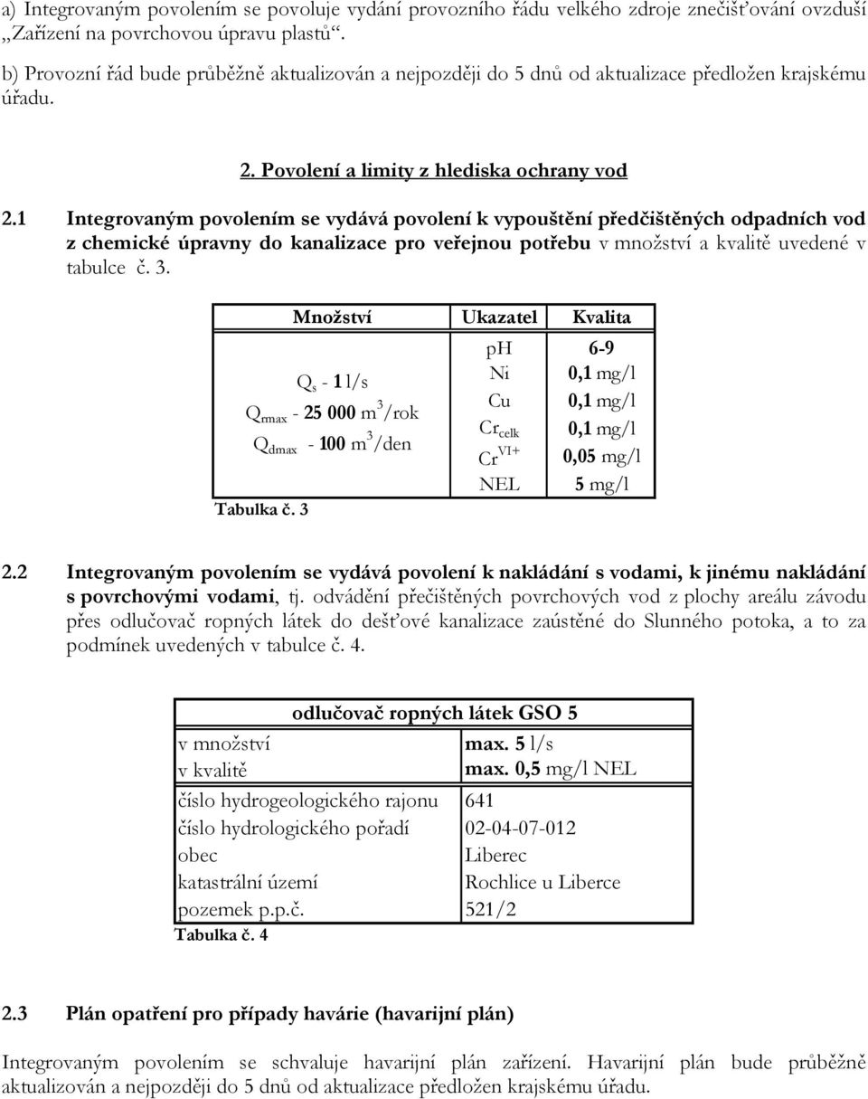 1 Integrovaným povolením se vydává povolení k vypouštění předčištěných odpadních vod z chemické úpravny do kanalizace pro veřejnou potřebu v množství a kvalitě uvedené v tabulce č. 3.