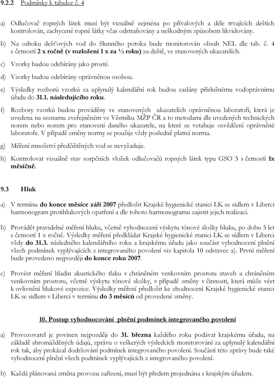 b) Na odtoku dešťových vod do Slunného potoka bude monitorován obsah NEL dle tab. č. 4 s četností 2 x ročně (v rozložení 1 x za ½ roku) za deště, ve stanovených ukazatelích.