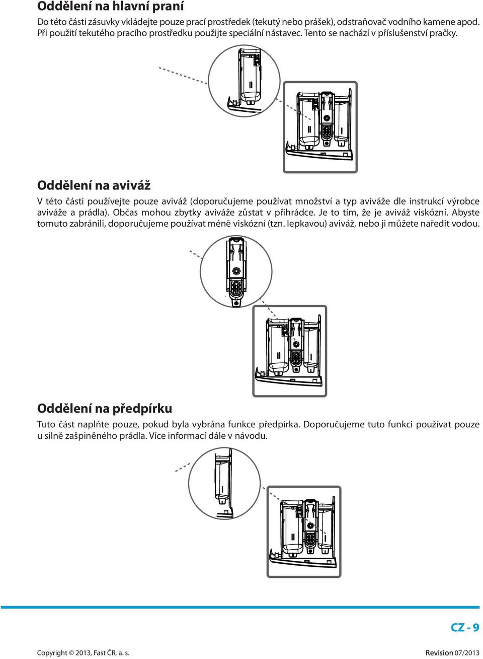 Oddělení na aviváž V této části používejte pouze aviváž (doporučujeme používat množství a typ aviváže dle instrukcí výrobce aviváže a prádla). Občas mohou zbytky aviváže zůstat v přihrádce.