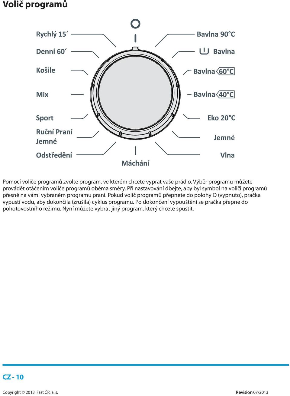 Při nastavování dbejte, aby byl symbol na voliči programů přesně na vámi vybraném programu praní.