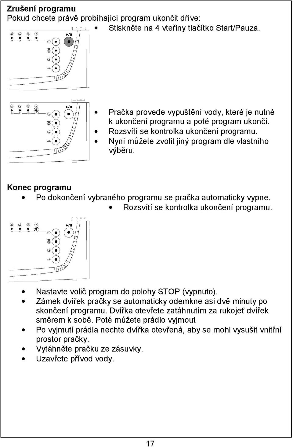 Konec programu Po dokončení vybraného programu se pračka automaticky vypne. Rozsvítí se kontrolka ukončení programu. Nastavte volič program do polohy STOP (vypnuto).