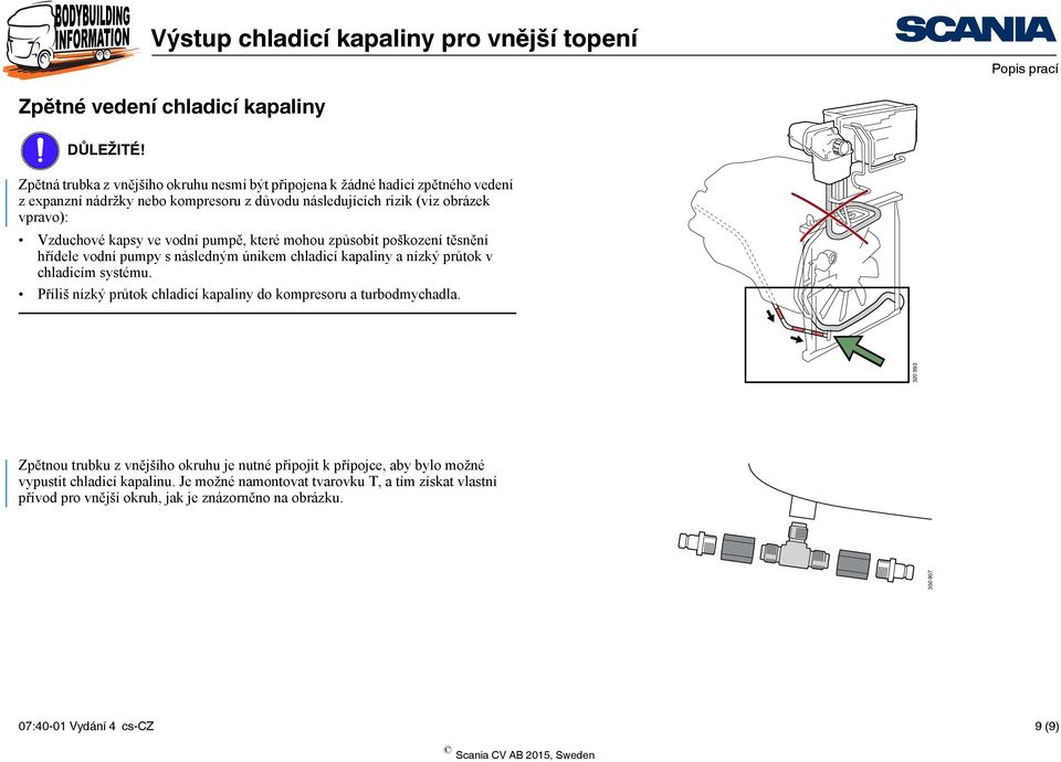 Vzduchové kapsy ve vodní pumpě, které mohou způsobit poškození těsnění hřídele vodní pumpy s následným únikem chladicí kapaliny a nízký průtok v chladicím systému.