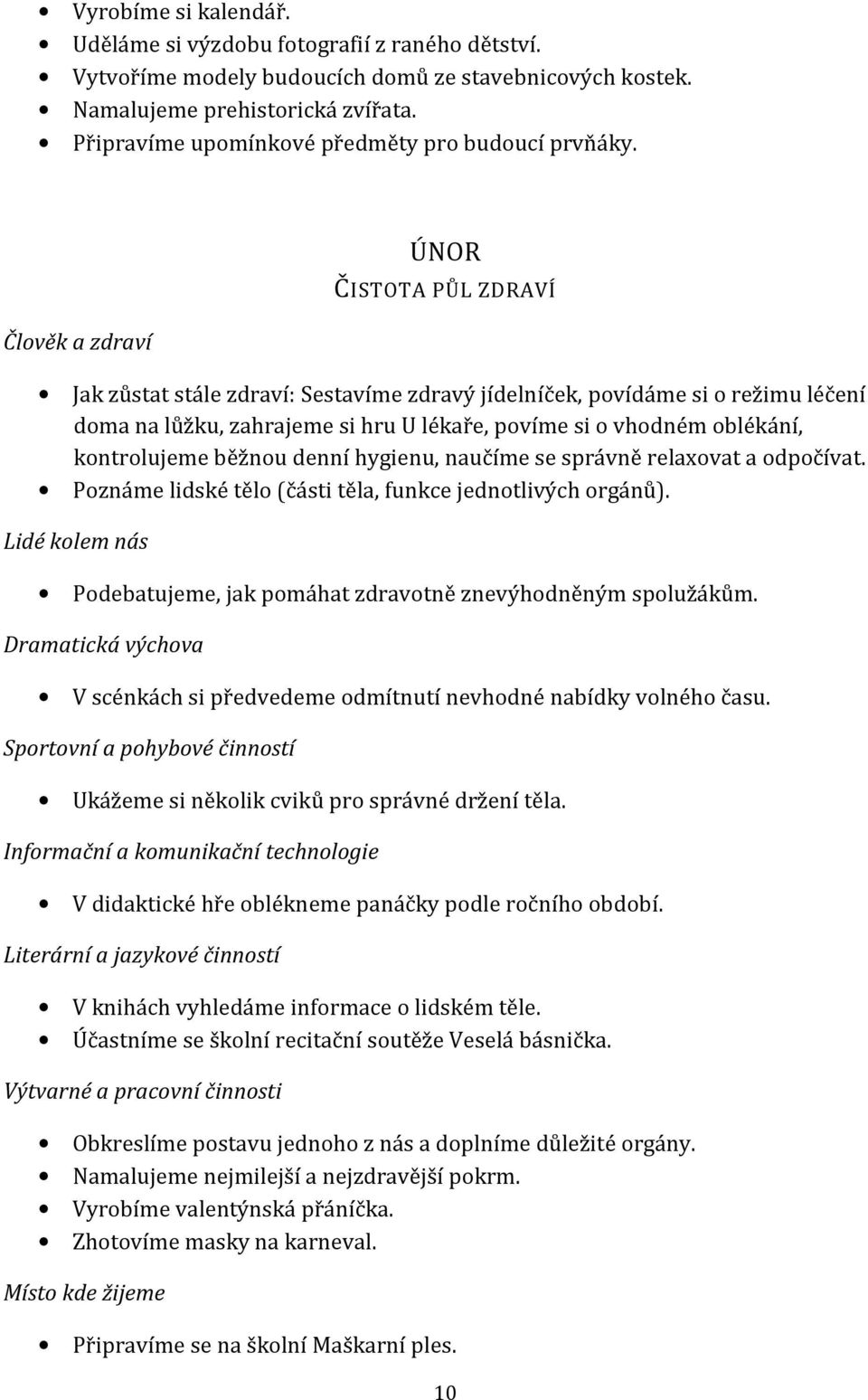 Člověk a zdraví ÚNOR ČISTOTA PŮL ZDRAVÍ Jak zůstat stále zdraví: Sestavíme zdravý jídelníček, povídáme si o režimu léčení doma na lůžku, zahrajeme si hru U lékaře, povíme si o vhodném oblékání,