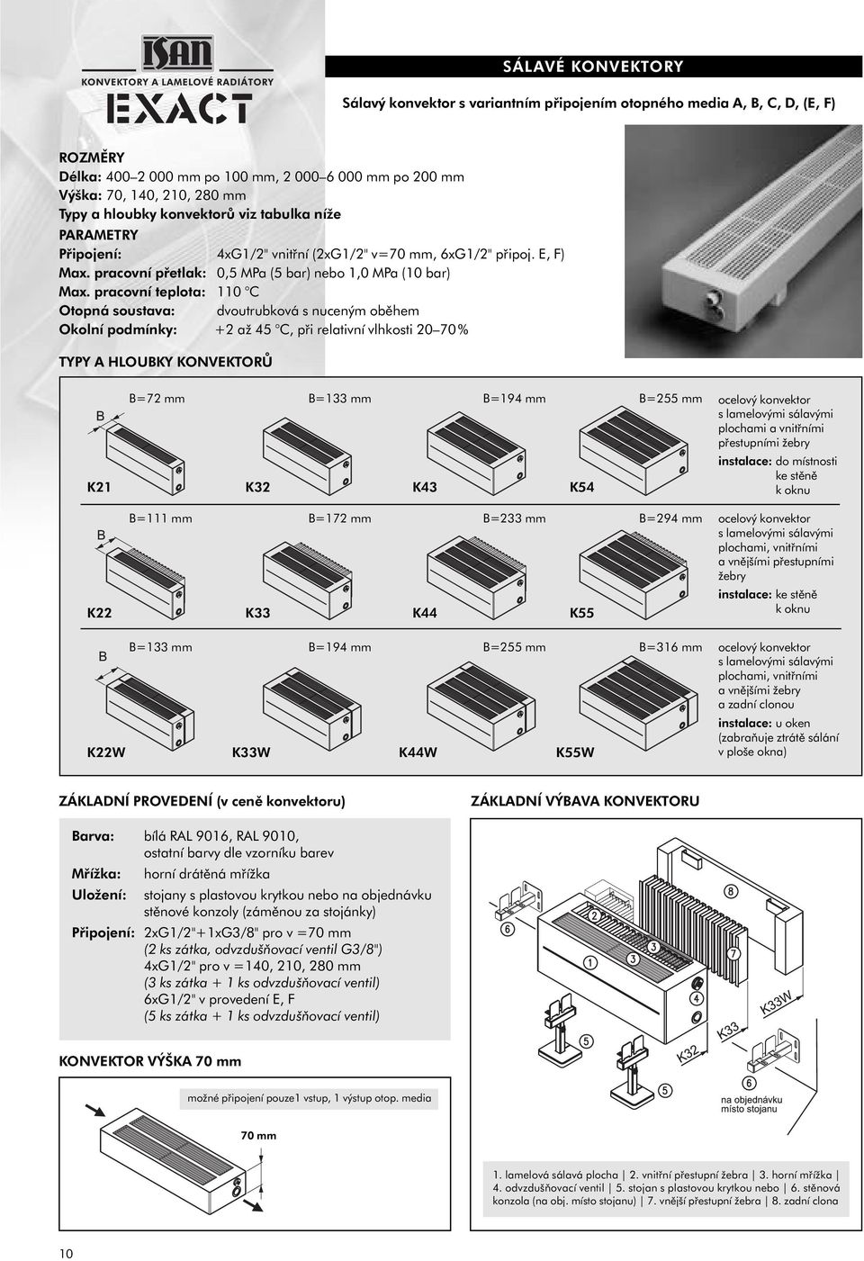 pracovní teplota: 110 C Otopná soustava: dvoutrubková s nuceným oběhem Okolní podmínky: +2 až 45 C, při relativní vlhkosti 20 70 % TYPY A HLOUBKY KONVEKTORŮ B=72 mm B=133 mm B=194 mm B=255 mm K21 K32