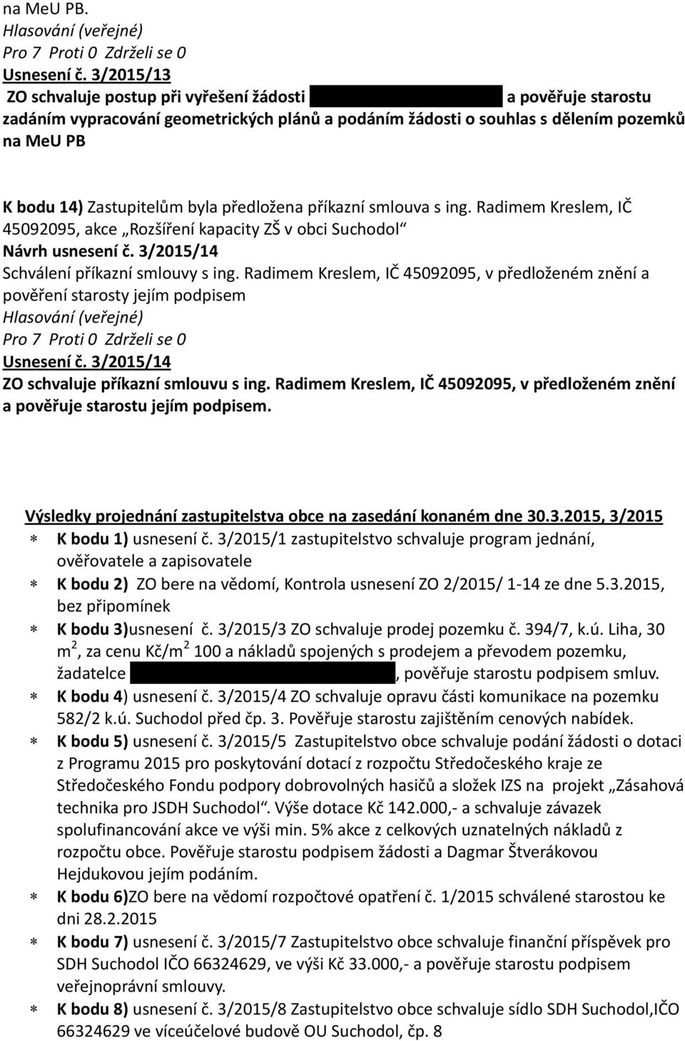 14) Zastupitelům byla předložena příkazní smlouva s ing. Radimem Kreslem, IČ 45092095, akce Rozšíření kapacity ZŠ v obci Suchodol Návrh usnesení č. 3/2015/14 Schválení příkazní smlouvy s ing.