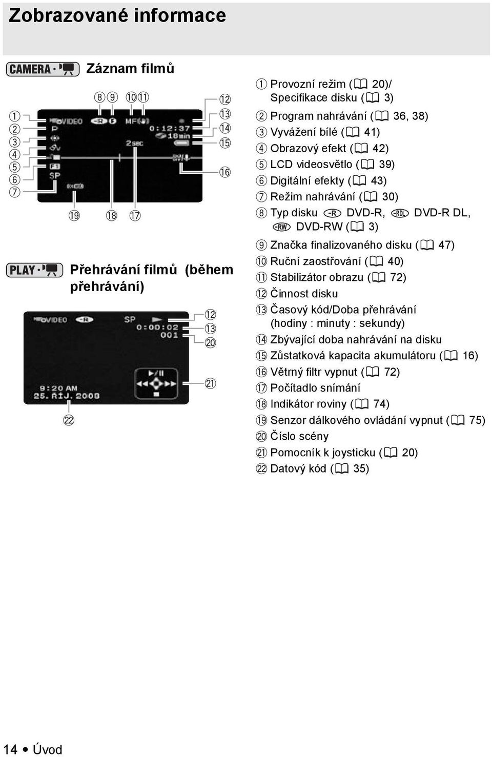 zaostřování ( 40) Stabilizátor obrazu ( 72) Činnost disku Časový kód/doba přehrávání (hodiny : minuty : sekundy) Zbývající doba nahrávání na disku Zůstatková kapacita