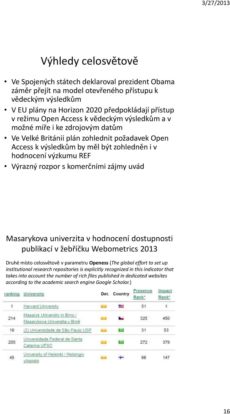 komerčními zájmy uvád Masarykova univerzita v hodnocení dostupnosti publikací v žebříčku Webometrics 2013 Druhé místo celosvětově v parametru Openess (The global effort to set up institutional