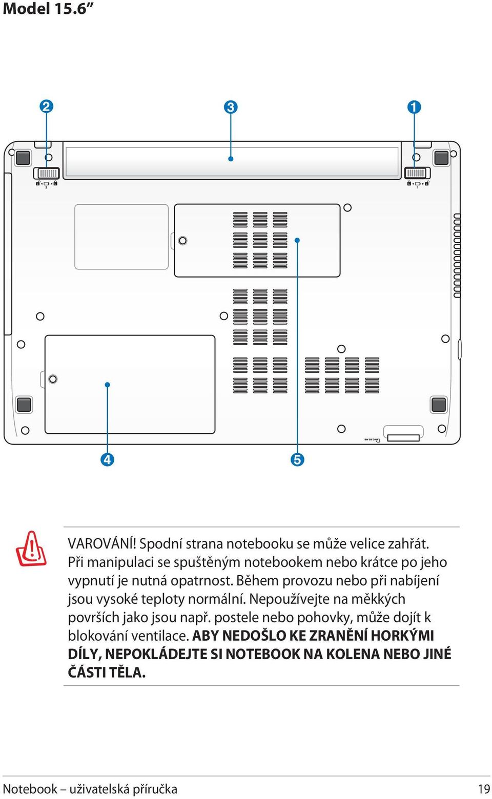 Během provozu nebo při nabíjení jsou vysoké teploty normální. Nepoužívejte na měkkých površích jako jsou např.