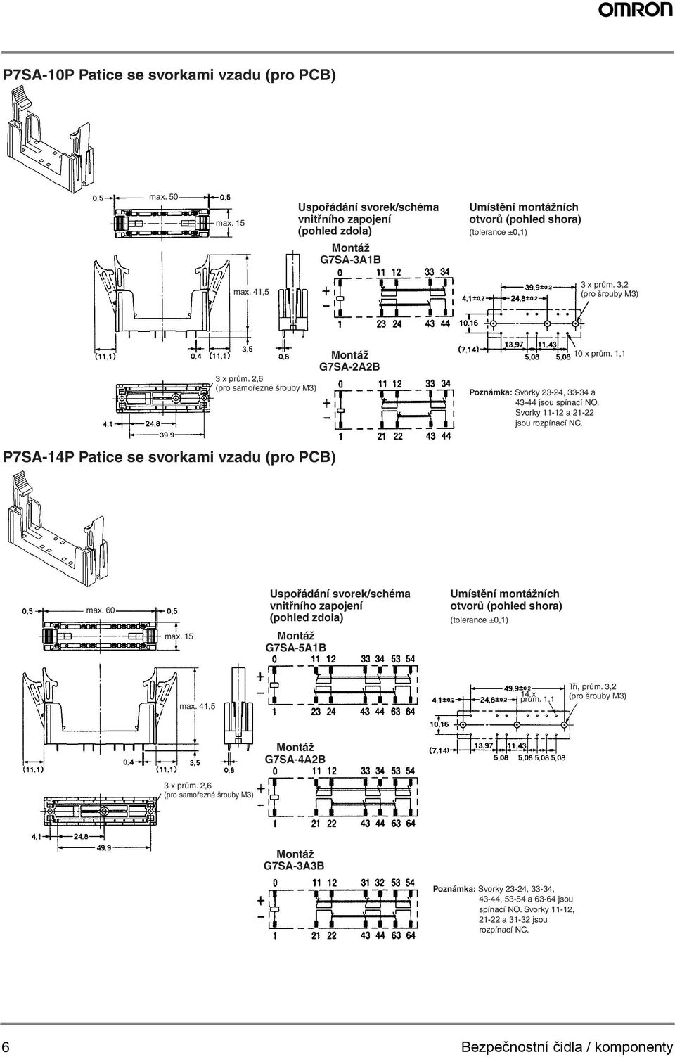 P7SA-14P Patice se svorkami vzadu (pro PCB) max. 60 max. 15 Uspořádání svorek/schéma vnitřního zapojení Umístění montážních otvorů (pohled shora) (tolerance ±01) max. 415 14 x prům.