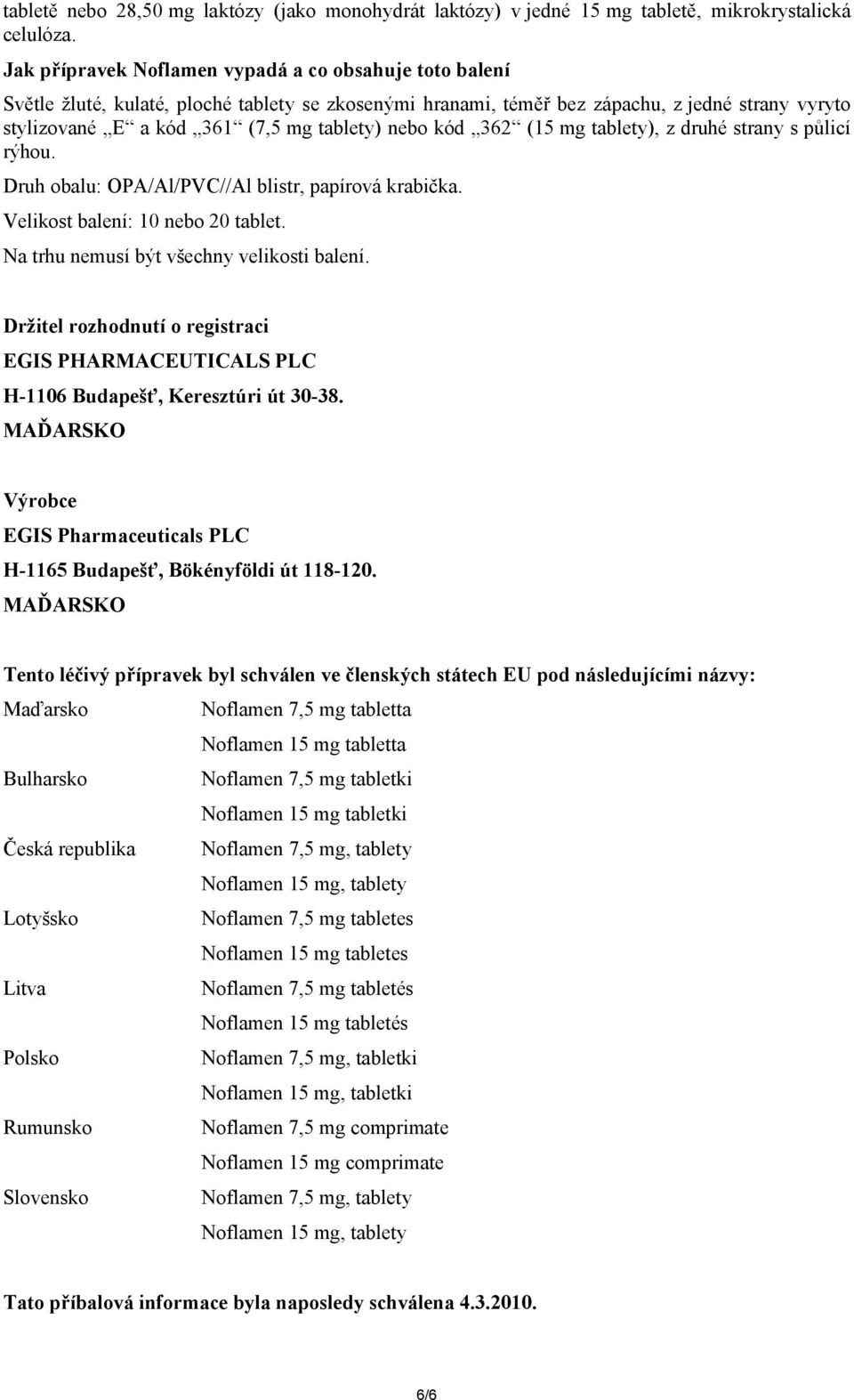 nebo kód 362 (15 mg tablety), z druhé strany s půlicí rýhou. Druh obalu: OPA/Al/PVC//Al blistr, papírová krabička. Velikost balení: 10 nebo 20 tablet. Na trhu nemusí být všechny velikosti balení.