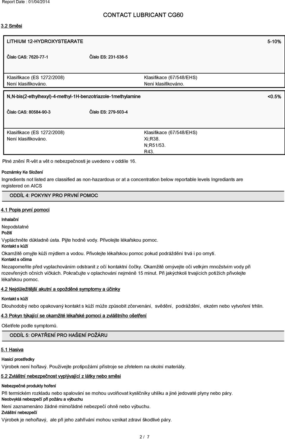 Poznámky Ke Složení Ingredients not listed are classified as non-hazardous or at a concentration below reportable levels Ingrediants are registered on AICS ODDÍL 4: POKYNY PRO PRVNÍ POMOC 4.