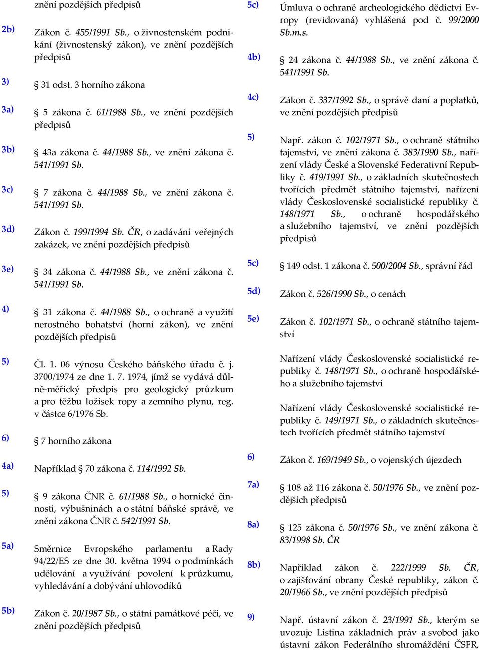 ČR, o zadávání veřejných zakázek, ve znění pozdějších předpisů 3e) 34 zákona č. 44/1988 Sb., ve znění zákona č. 541/1991 Sb. 4) 31 zákona č. 44/1988 Sb., o ochraně a využití nerostného bohatství (horní zákon), ve znění pozdějších předpisů 5) Čl.