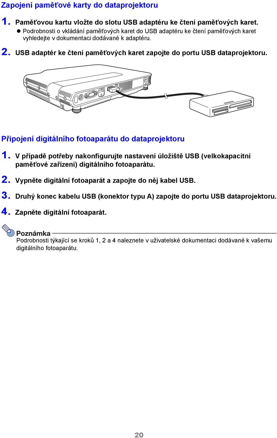 USB adaptér ke čtení paměťových karet zapojte do portu USB dataprojektoru. Připojení digitálního fotoaparátu do dataprojektoru 1.