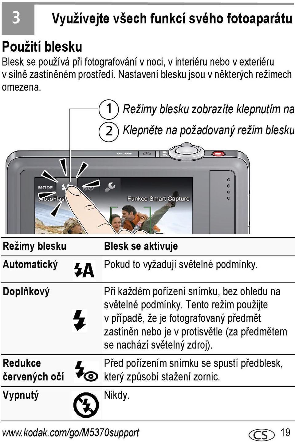 1 2 Režimy blesku zobrazíte klepnutím na Klepněte na požadovaný režim blesku Režimy blesku Automatický Doplňkový Redukce červených očí Vypnutý Blesk se aktivuje Pokud to vyžadují