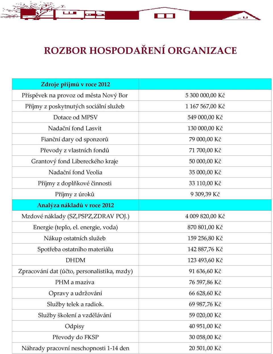 energie, voda) Nákup ostatních služeb Spotřeba ostatního materiálu DHDM Zpracování dat (účto, personalistika, mzdy) PHM a maziva Opravy a udržování Služby telek a radiok.