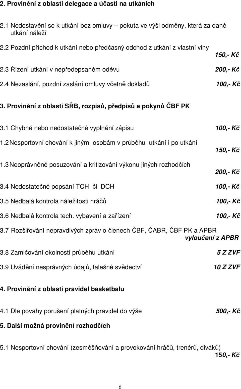 Provinění z oblasti SŘB, rozpisů, předpisů a pokynů ČBF PK 3.1 Chybné nebo nedostatečné vyplnění zápisu 100,- Kč 1.2 Nesportovní chování k jiným osobám v průběhu utkání i po utkání 1.