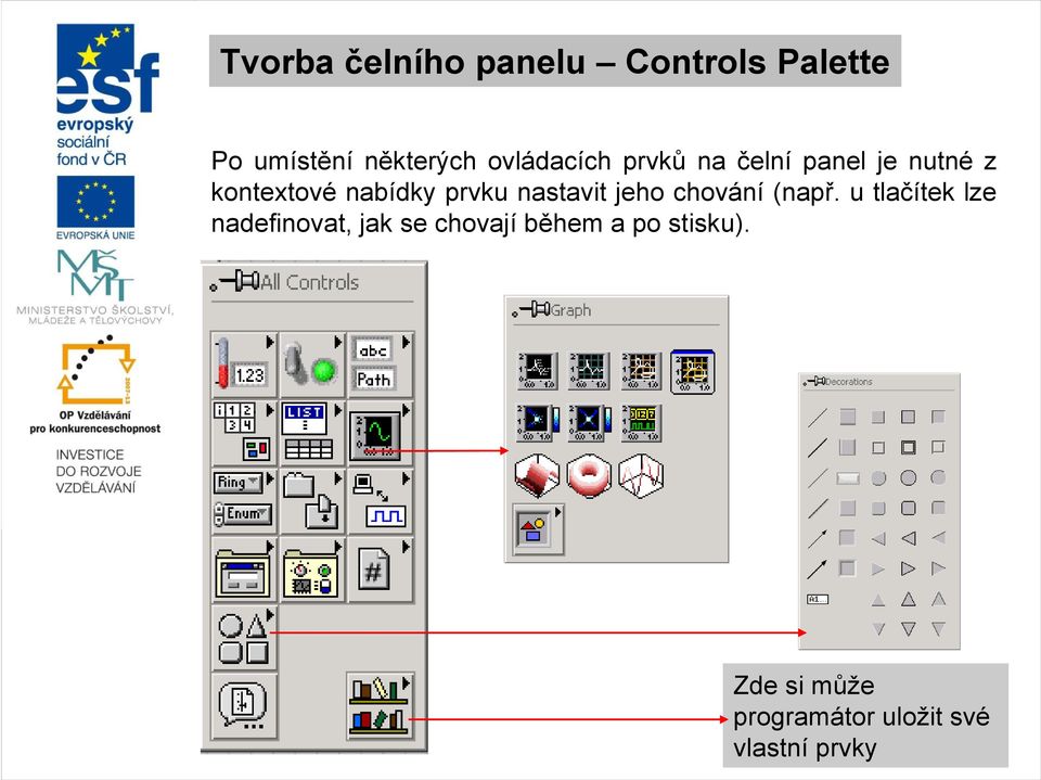 Tvorba čelního panelu Controls Palette Po umístění některých ovládacích prvků na čelní panel