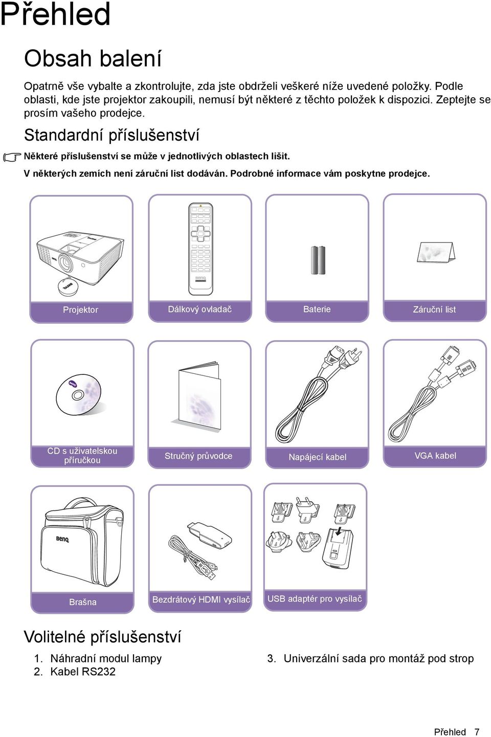 Standardní příslušenství Některé příslušenství se může v jednotlivých oblastech lišit. V některých zemích není záruční list dodáván. Podrobné informace vám poskytne prodejce.